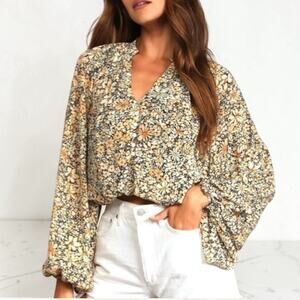 Lulus Women´s Season of Blooms Cream Multi Floral Print Balloon Sleeve Top Sz M